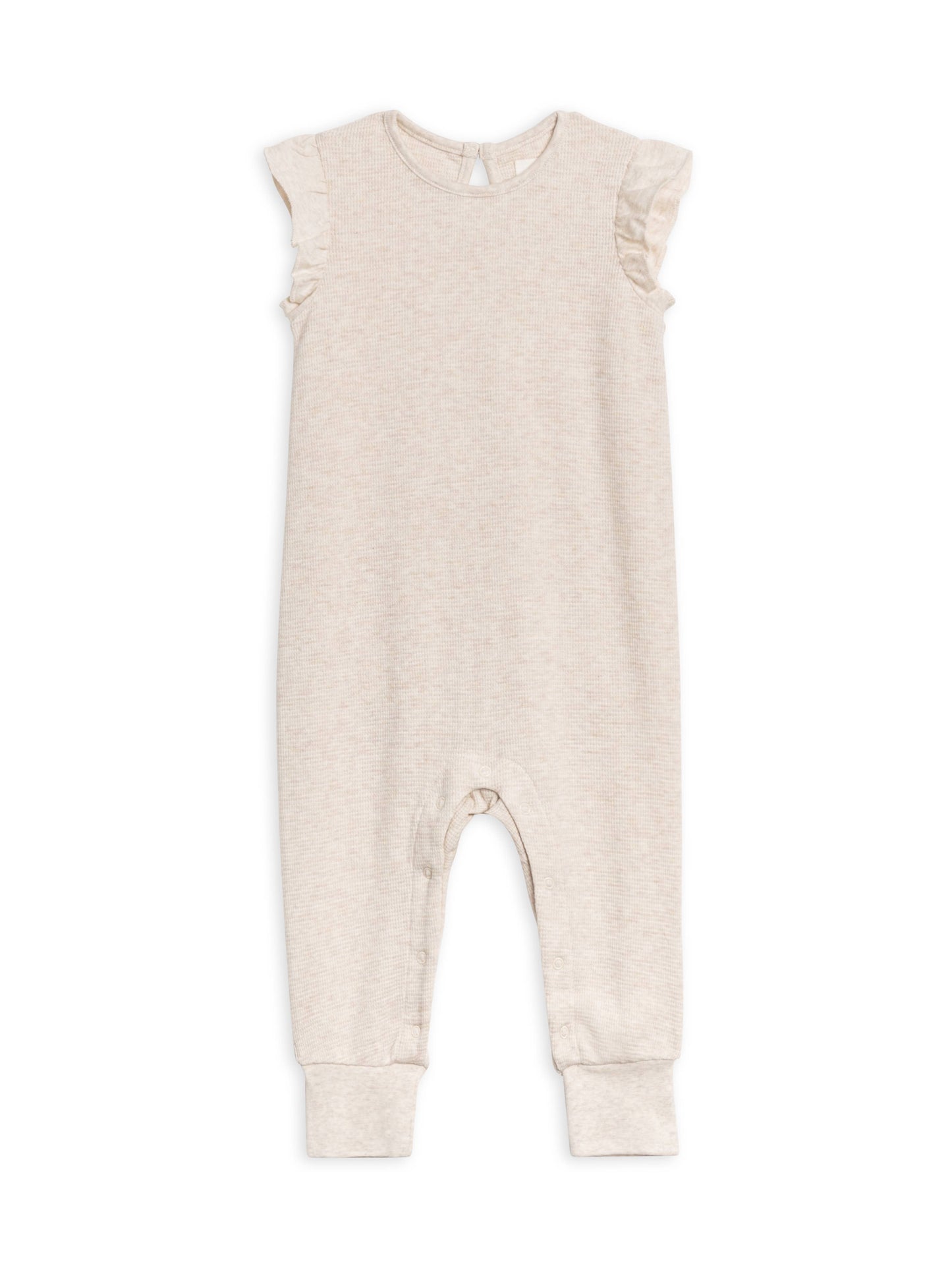 Organic Maci Flutter Sleeve Waffle Romper - Heather Oat